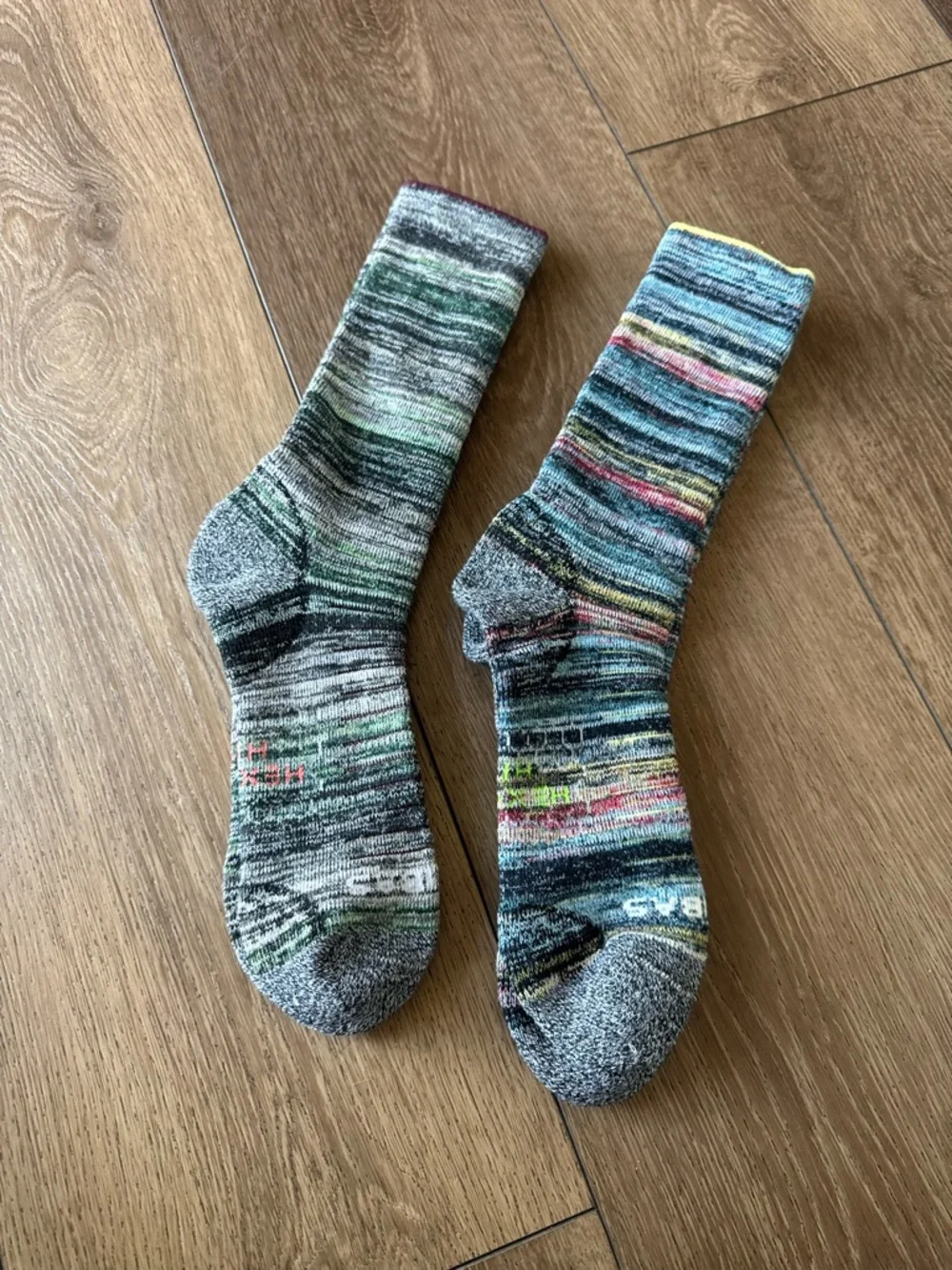 Bombas Multicolor Helix Crew Socks with Green and Gray Accents